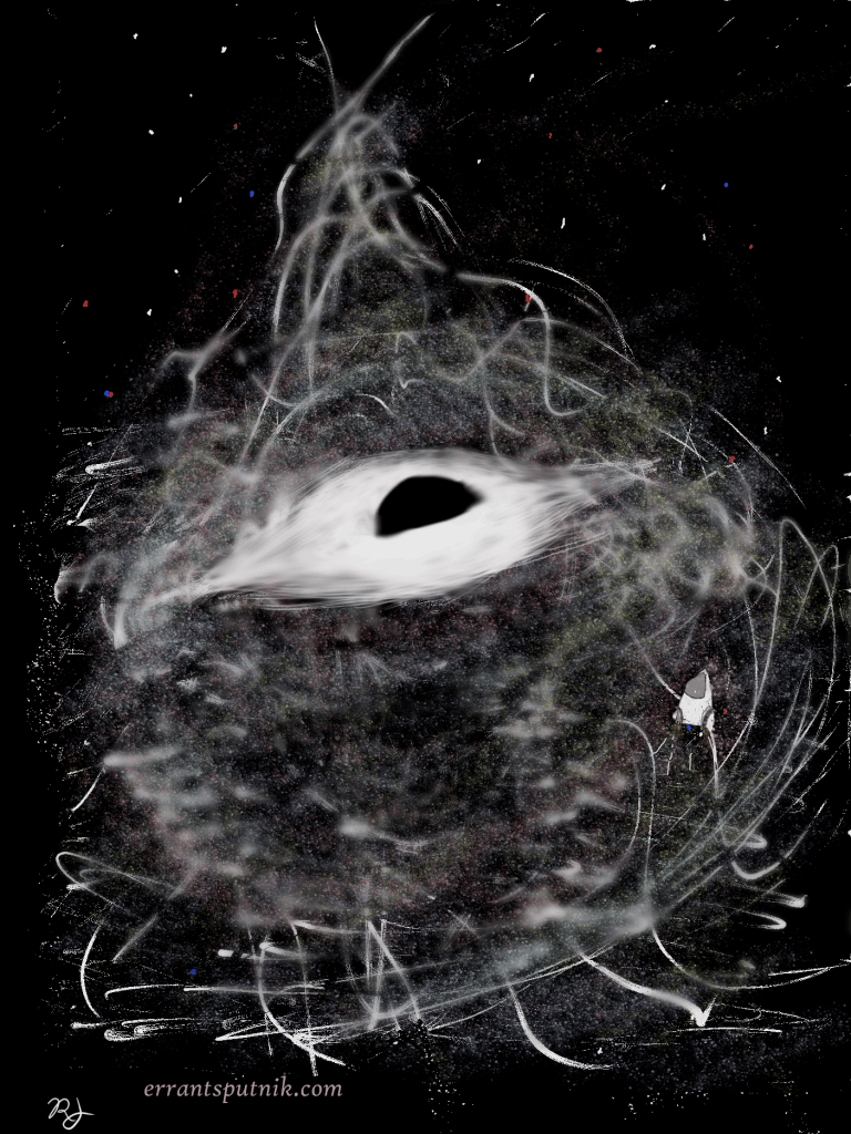 Current image: a tiny spaceship struggles in the orbit of a massive black hole. there is blue, red, and yellow matter swirling in a loose nebula around the center, as well as a bright white corona around the dark orb.