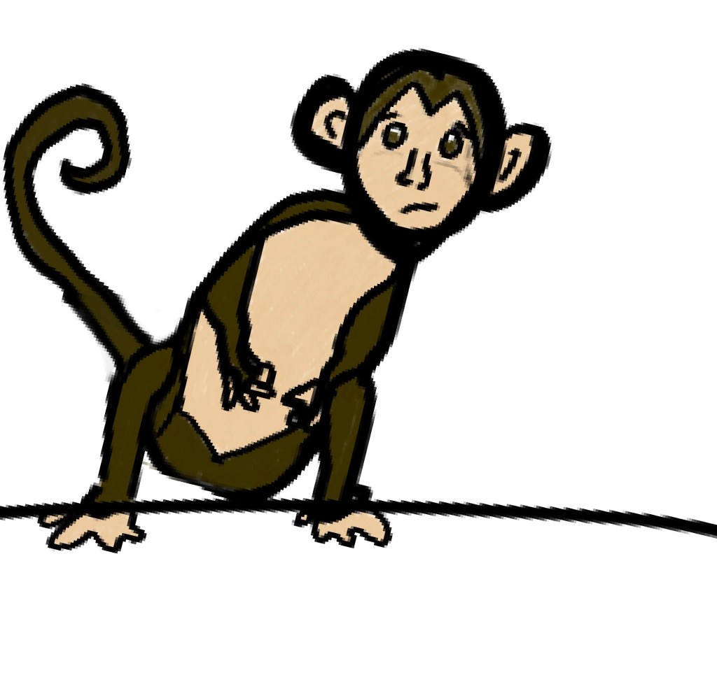 A drawing of a brown and tan monkey, looking down apprehensively. A small, WIP part of an art project by R.J. Tenace