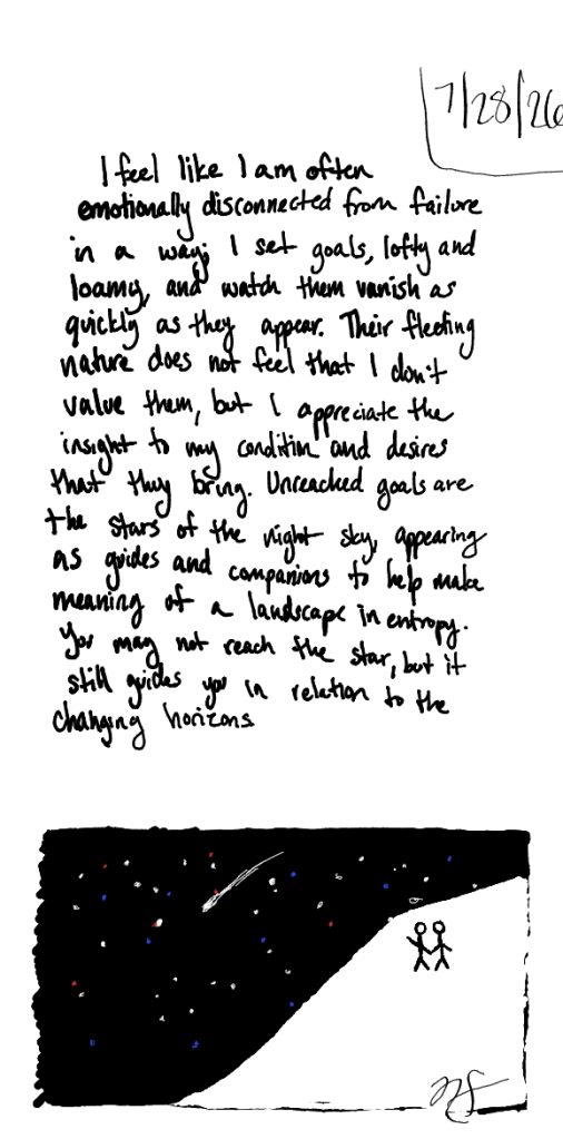 Current image: A journal entry dated 7/28/26: "I feel like I am often emotionally disconnected from failure in a way; I set goals, loft and loamy, and watch them vanish as quickly as they appear. Their fleeting nature does not feel that I don't value them, but I appreciate the insight to my condition and desires that they bring. Unreached goals are the stars of the night sky, appearing as guides and companions to help make meaning of a landscape in entropy. You may not reach the star, but it still guides you in relation to the changing horizons." Below the journal entry is a sketch of two stick figures on a white hill, watching a night sky full of stars as a comet arcs above.